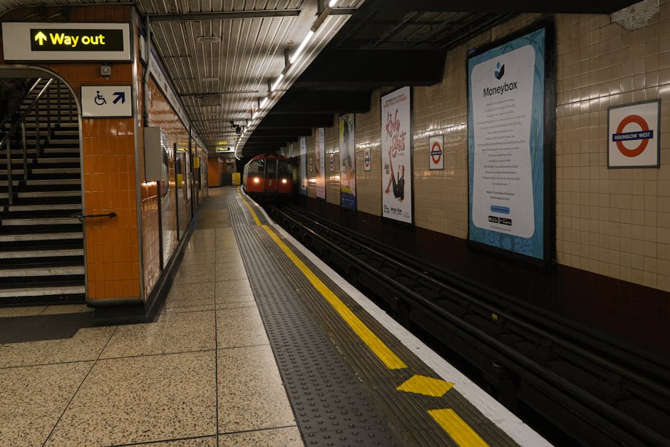 A photograph of an underground train station platform with beige tiled walls and a speckled vinyl floor, featuring a staircase on the left side with black metal railings and a yellow destination sign overhead indicating the way out. On the right side, various advertisements including a Moneybox poster are mounted on the wall, along with a circular London Underground logo. The platform edge has a tactile yellow strip with textured patterns for safety, and the train is approaching in the distance, partially visible with its front windows and red exterior. The scene is lit with overhead fluorescent lighting, and there are no people present, suggesting a quiet moment during off-peak hours. This setting is relevant for interior logistics and packing during home relocation, such as those facilitated by Hounslow Man and Van, especially for transporting smaller loads through difficult access points like underground stations.