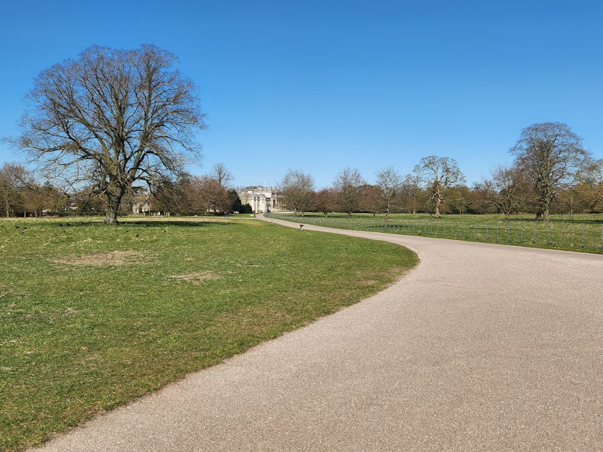 A wide gravel pathway leading towards a historic building with a white and red brick facade at Osterley Park, flanked by tall, neatly trimmed green hedges on both sides. Several people are visible near the entrance of the building, some standing and others walking, possibly involved in a home relocation or furniture transport process. The pathway is lined with wooden benches on each side, with one bench visible in the foreground on the right side. The scene is outdoors during overcast weather, with diffused natural light and a few leafless trees visible behind the building. The image captures elements relevant to moving logistics, such as the clear path for loading or unloading furniture or boxes, supporting the theme of packing and moving services offered by Hounslow Man and Van, especially relating to house removals with narrow access challenges.